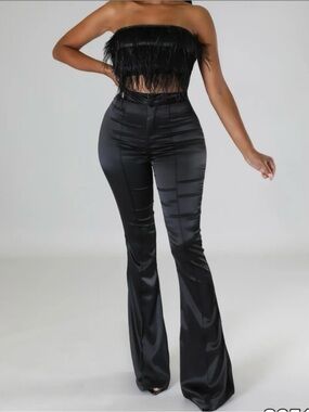 High-Waist Black Satin Flare Pants